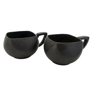 Set Of 2 Japanese Saki Cups Vintage Black Ceramic Square Round CCCI 2000 JE114
